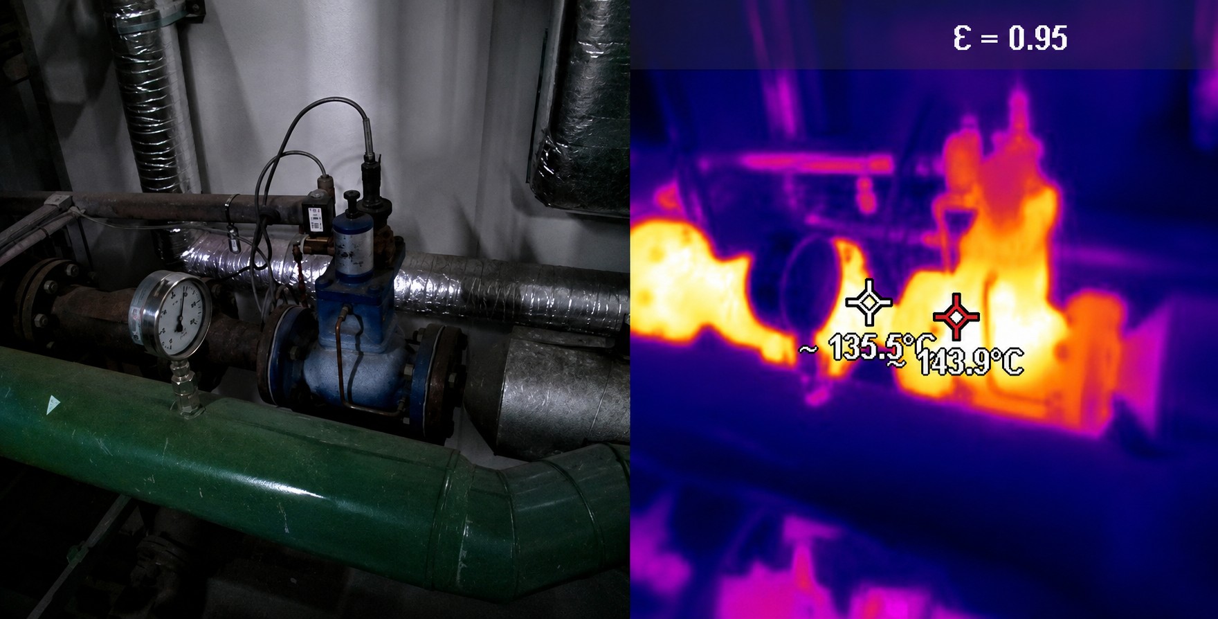 Side-by-side photo and thermal image of an uninsulated pump assembly showing 143°C heat loss